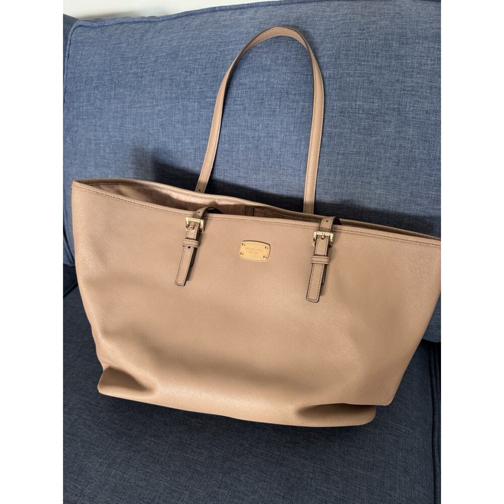 Michael Kors Saffiano Taupe Leather Tote Bag Gold Logo